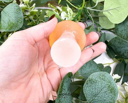 Orange and White Selenite Mushroom (5oz) – 2.9’’ Two-Tone Satin Spar Carving for Sacral & Crown Chakra Balance