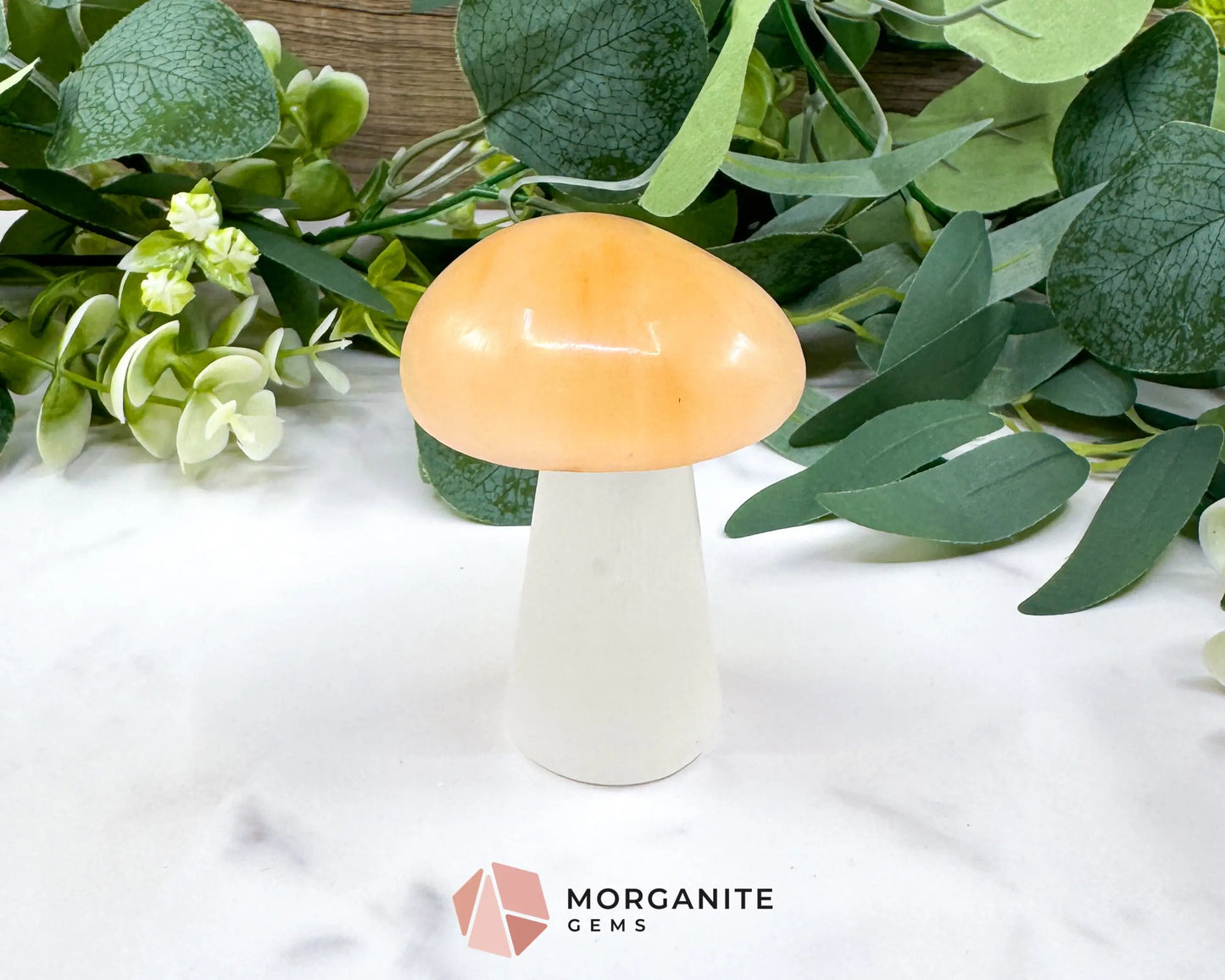 Orange and White Selenite Mushroom (5oz) – 2.9’’ Two-Tone Satin Spar Carving for Sacral & Crown Chakra Balance