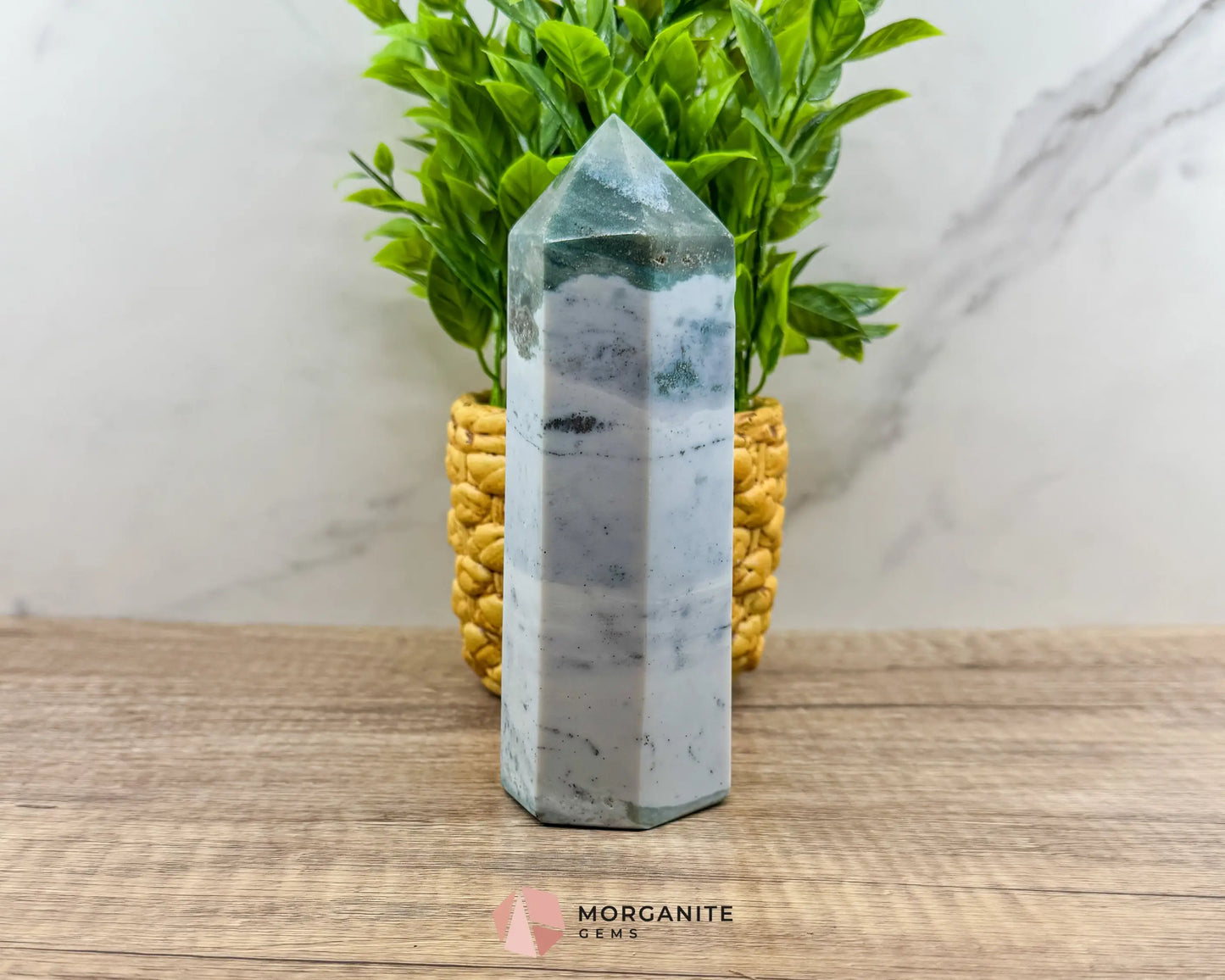 Pastel Ocean Jasper Tower – Handcrafted Elegance in Natural Stone-Morganite Gems