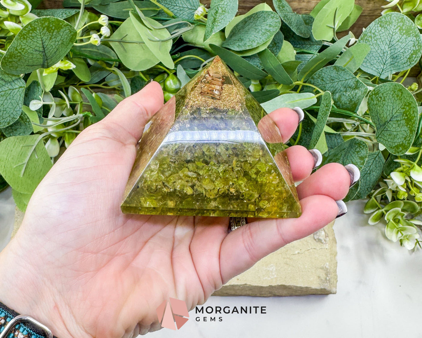 Peridot Orgonite Pyramid with Clear Quartz Point – Emotional Renewal & Abundance Amplifier - Metaphysical Crystals