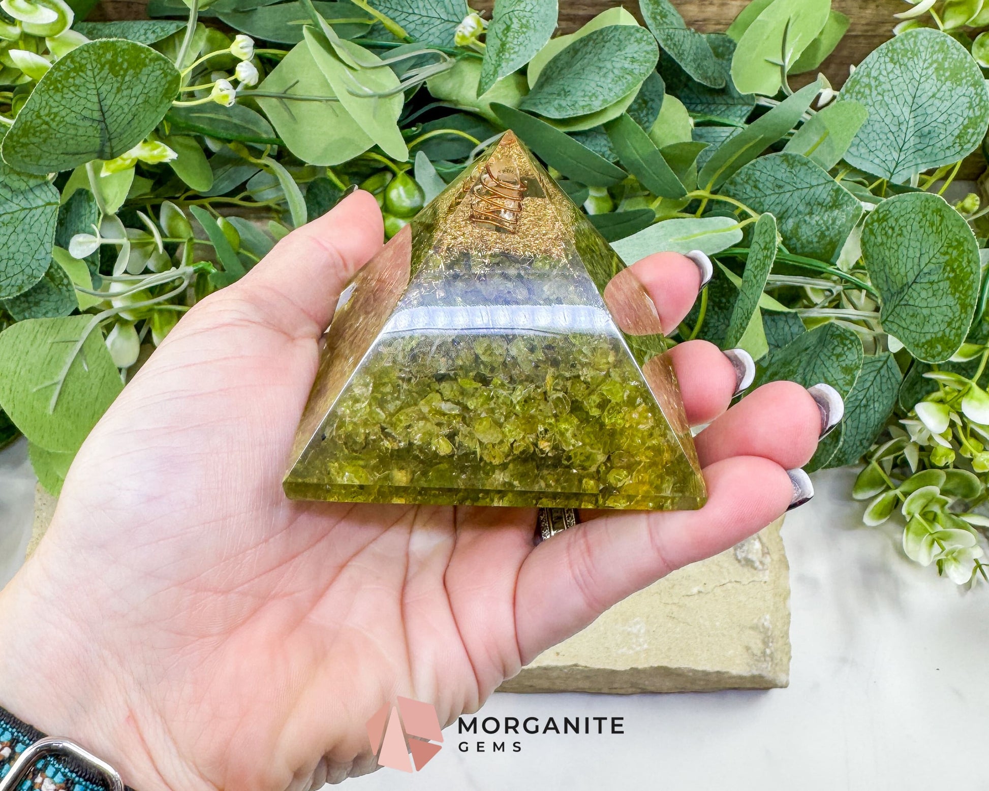 Peridot Orgonite Pyramid with Clear Quartz Point – Emotional Renewal & Abundance Amplifier - Metaphysical Crystals