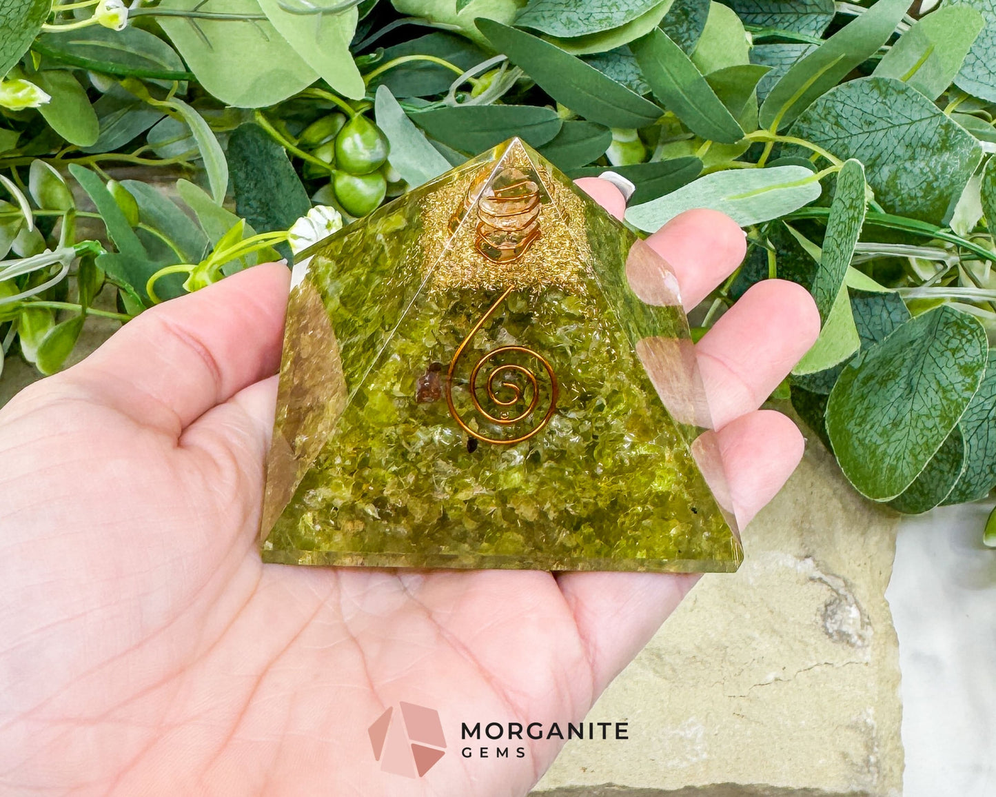 Peridot Orgonite Pyramid with Clear Quartz Point – Emotional Renewal & Abundance Amplifier - Metaphysical Crystals