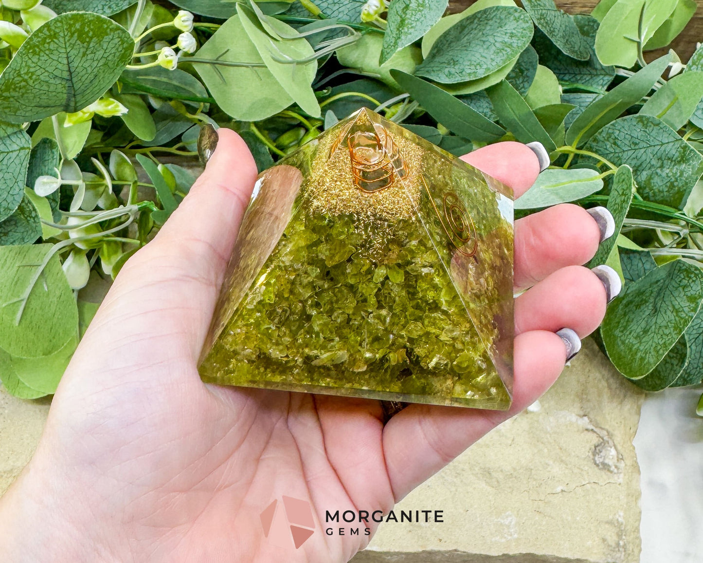 Peridot Orgonite Pyramid with Clear Quartz Point – Emotional Renewal & Abundance Amplifier - Metaphysical Crystals
