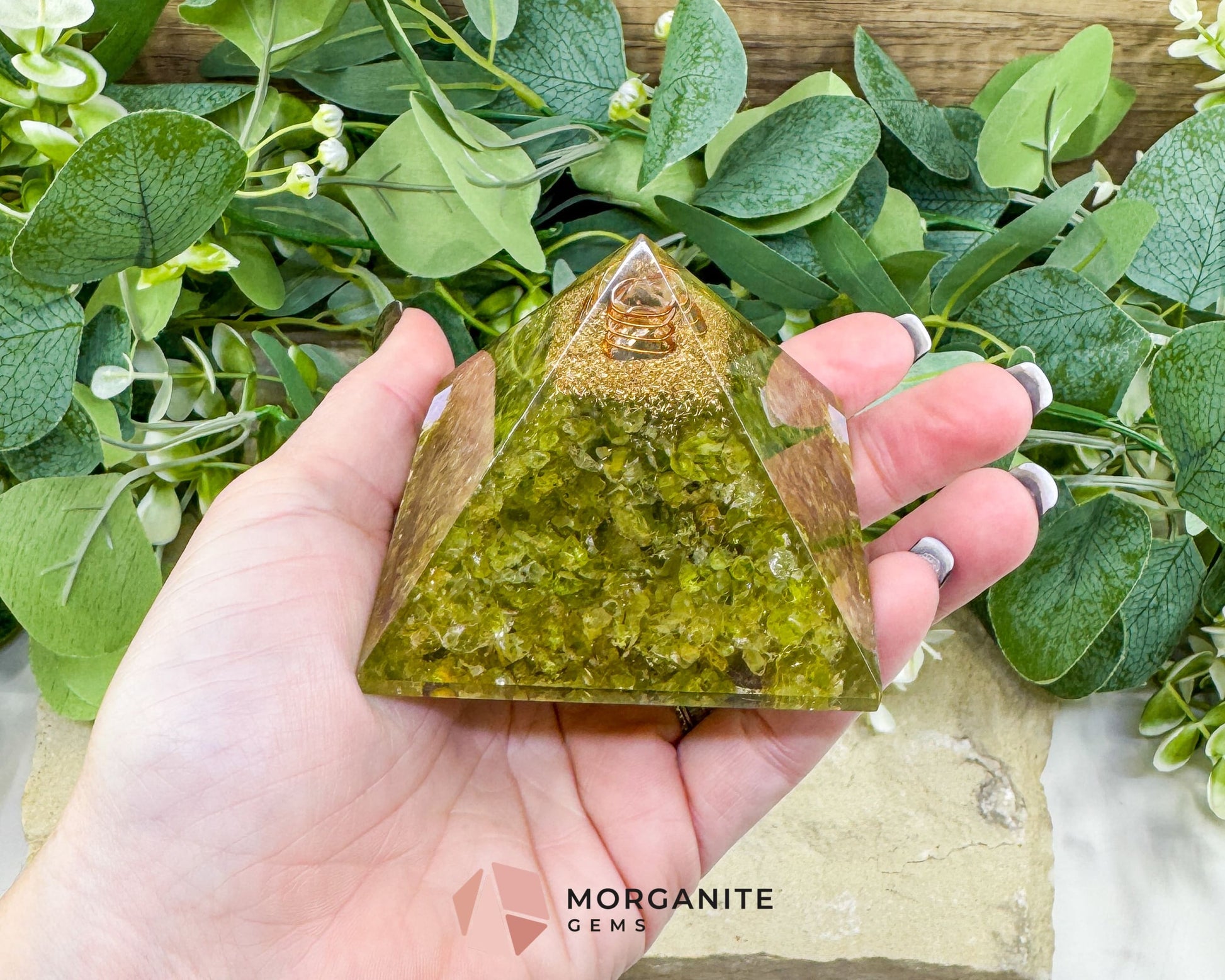 Peridot Orgonite Pyramid with Clear Quartz Point – Emotional Renewal & Abundance Amplifier - Metaphysical Crystals