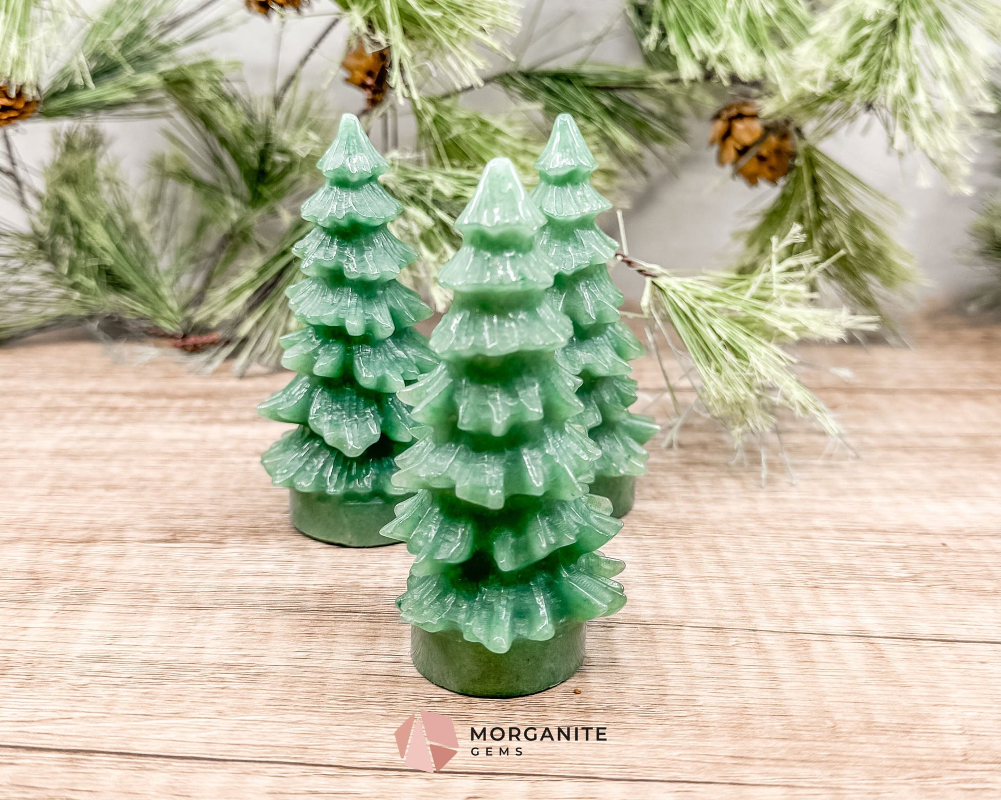 Pine Christmas Tree Green Aventurine Carving – Elegant Natural Holiday Decor-Morganite Gems