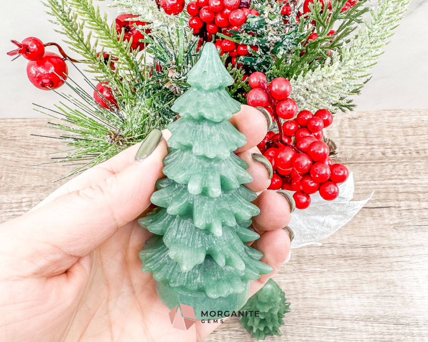 Pine Christmas Tree Green Aventurine Carving – Elegant Natural Holiday Decor-Morganite Gems