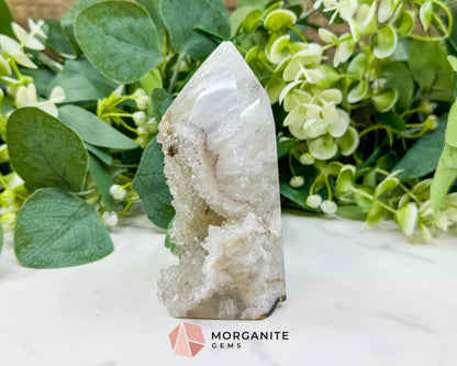 Polished Agate Geode Point (14.5oz) – Clear Quartz Druzy Tower for Amplification & Clarity - Metaphysical Crystals