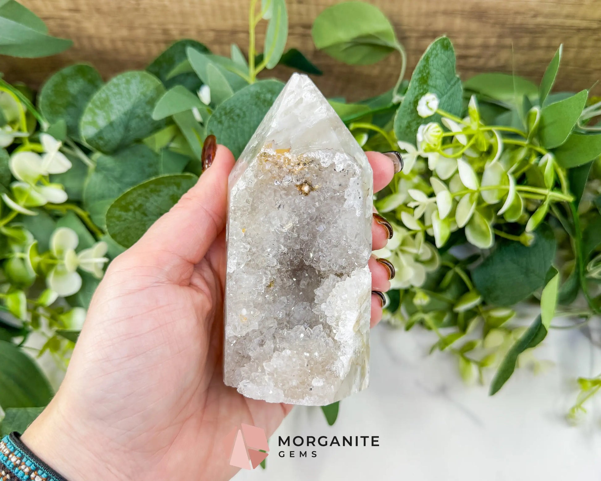 Polished Agate Geode Point (14.5oz) – Clear Quartz Druzy Tower for Amplification & Clarity - Metaphysical Crystals