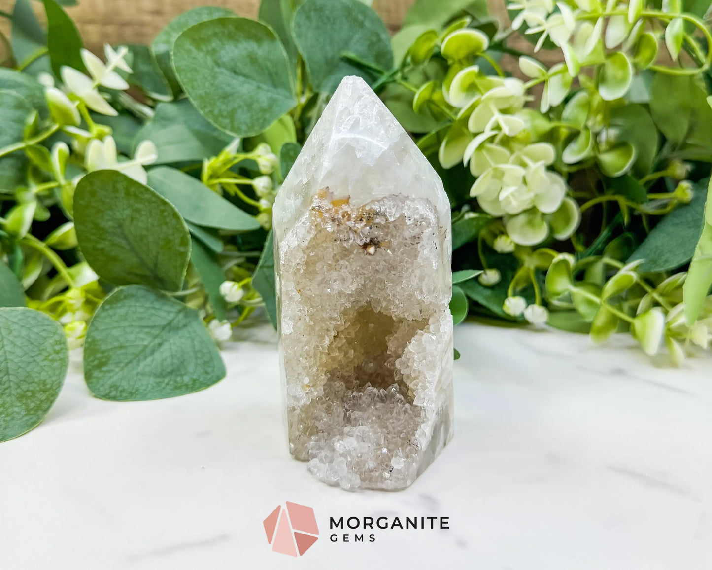 Polished Agate Geode Point (14.5oz) – Clear Quartz Druzy Tower for Amplification & Clarity - Metaphysical Crystals