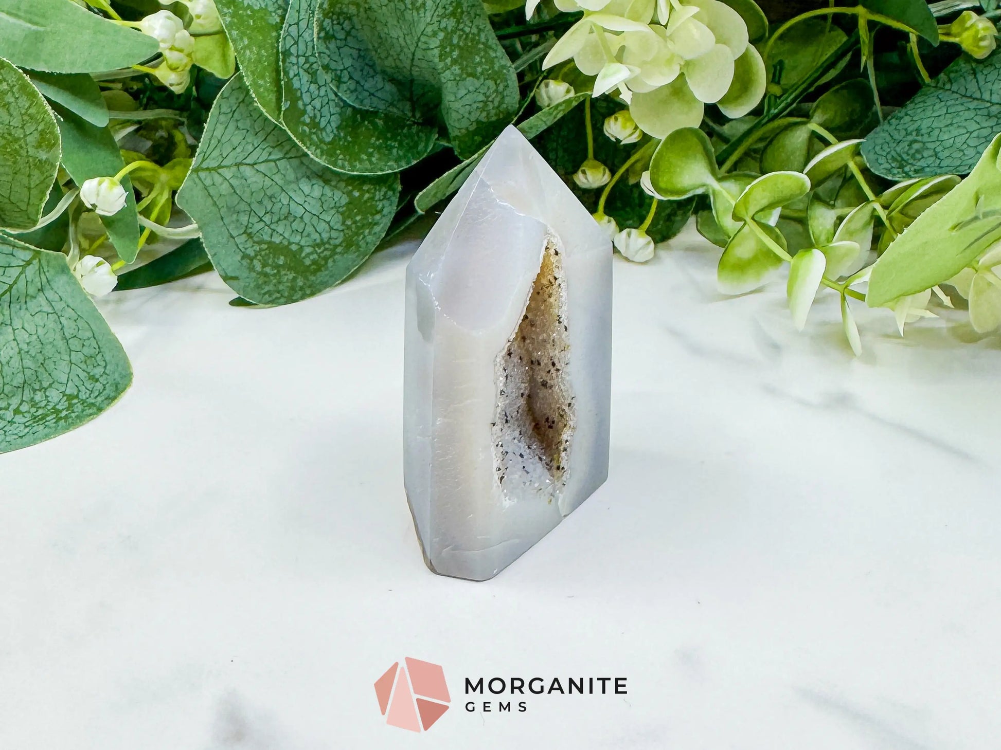 Polished Agate Sugar Druzy Point (3oz) – Crystalline White Geode Tower for Peace & Purity - Metaphysical Crystals