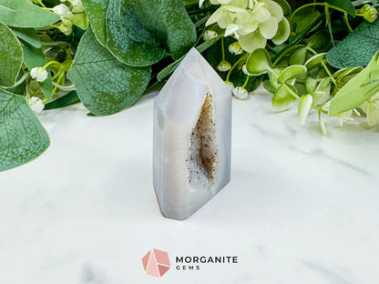 Polished Agate Sugar Druzy Point (3oz) – Crystalline White Geode Tower for Peace & Purity - Metaphysical Crystals