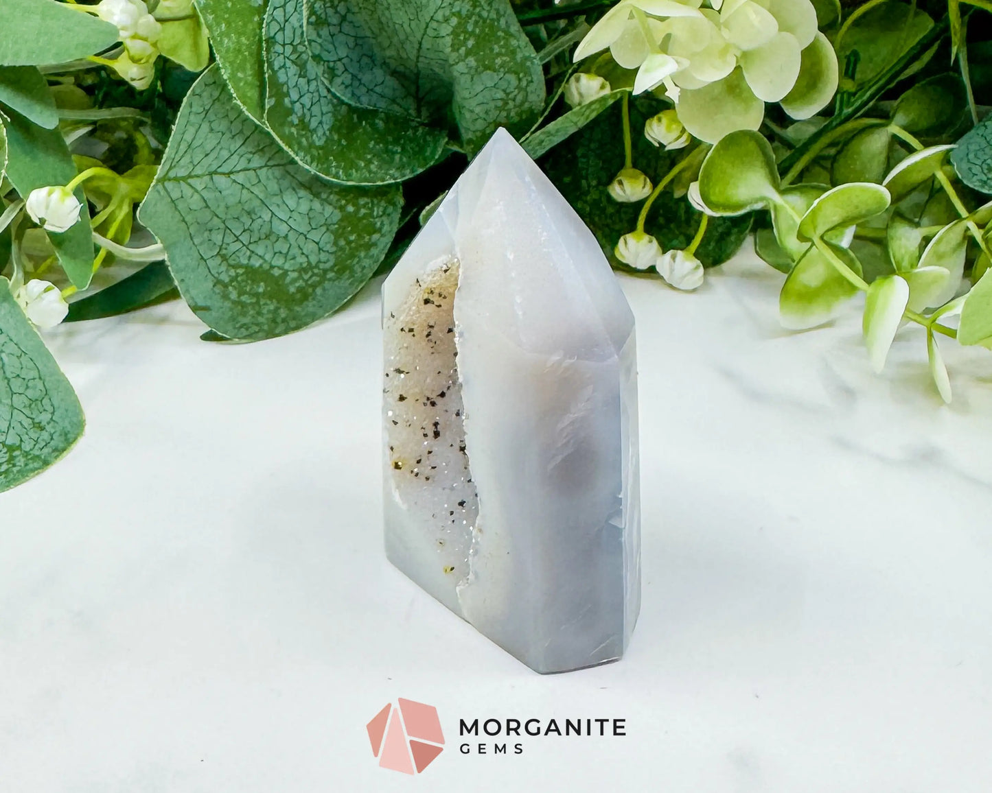 Polished Agate Sugar Druzy Point (3oz) – Crystalline White Geode Tower for Peace & Purity - Metaphysical Crystals