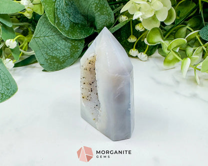 Polished Agate Sugar Druzy Point (3oz) – Crystalline White Geode Tower for Peace & Purity - Metaphysical Crystals