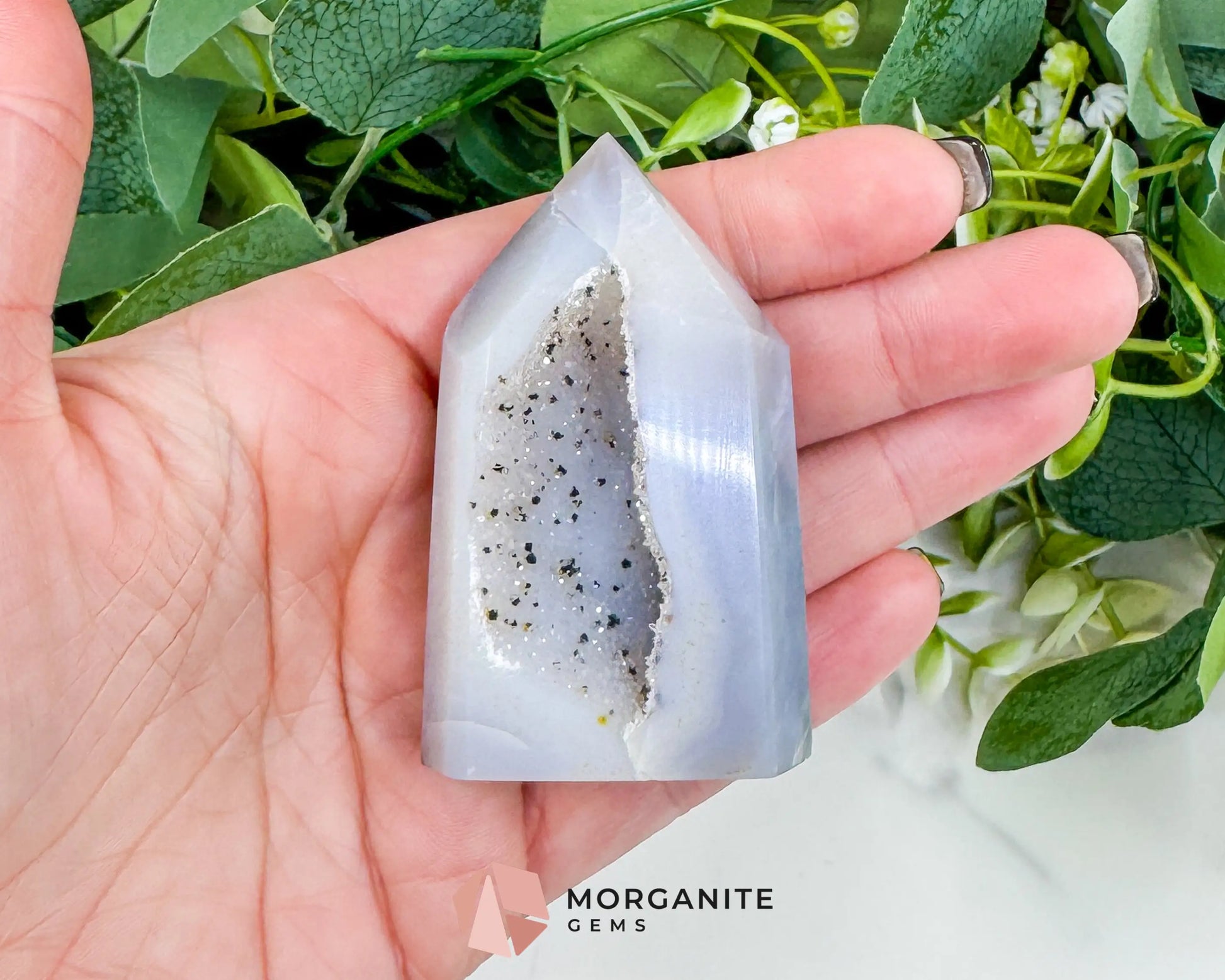 Polished Agate Sugar Druzy Point (3oz) – Crystalline White Geode Tower for Peace & Purity - Metaphysical Crystals