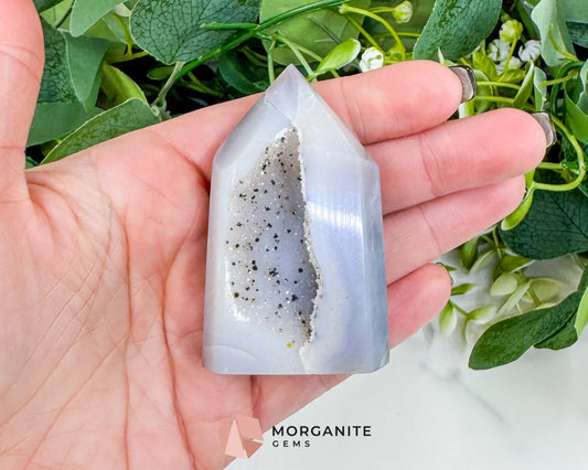 Polished Agate Sugar Druzy Point (3oz) – Crystalline White Geode Tower for Peace & Purity - Metaphysical Crystals