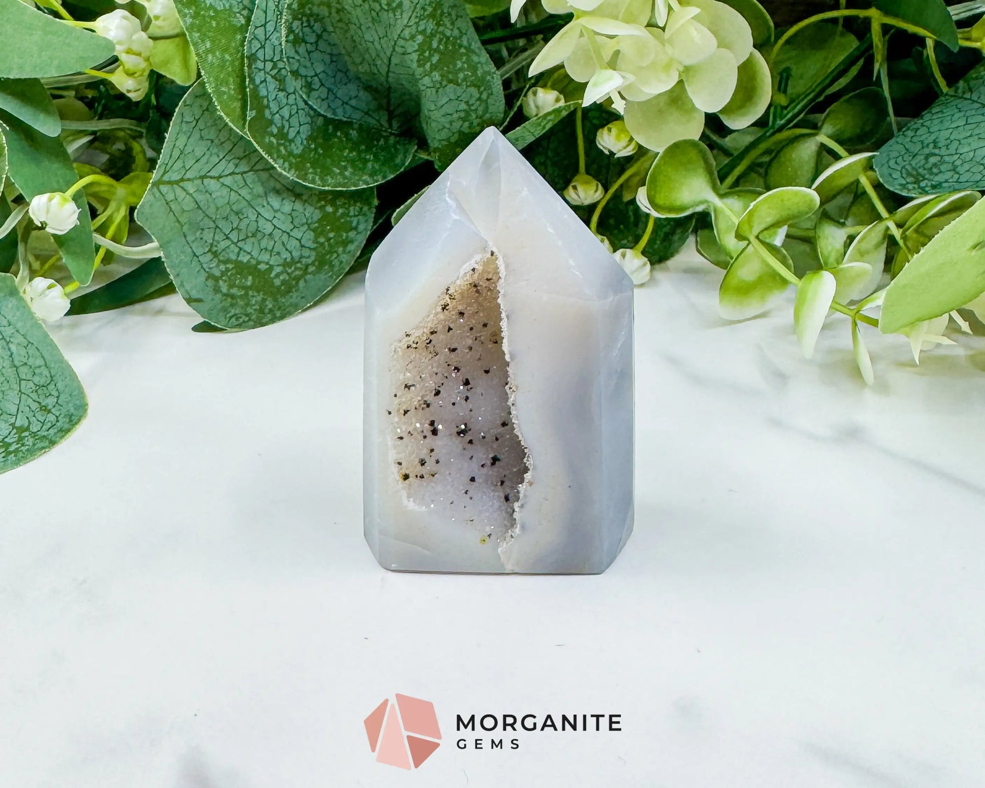 Polished Agate Sugar Druzy Point (3oz) – Crystalline White Geode Tower for Peace & Purity - Metaphysical Crystals