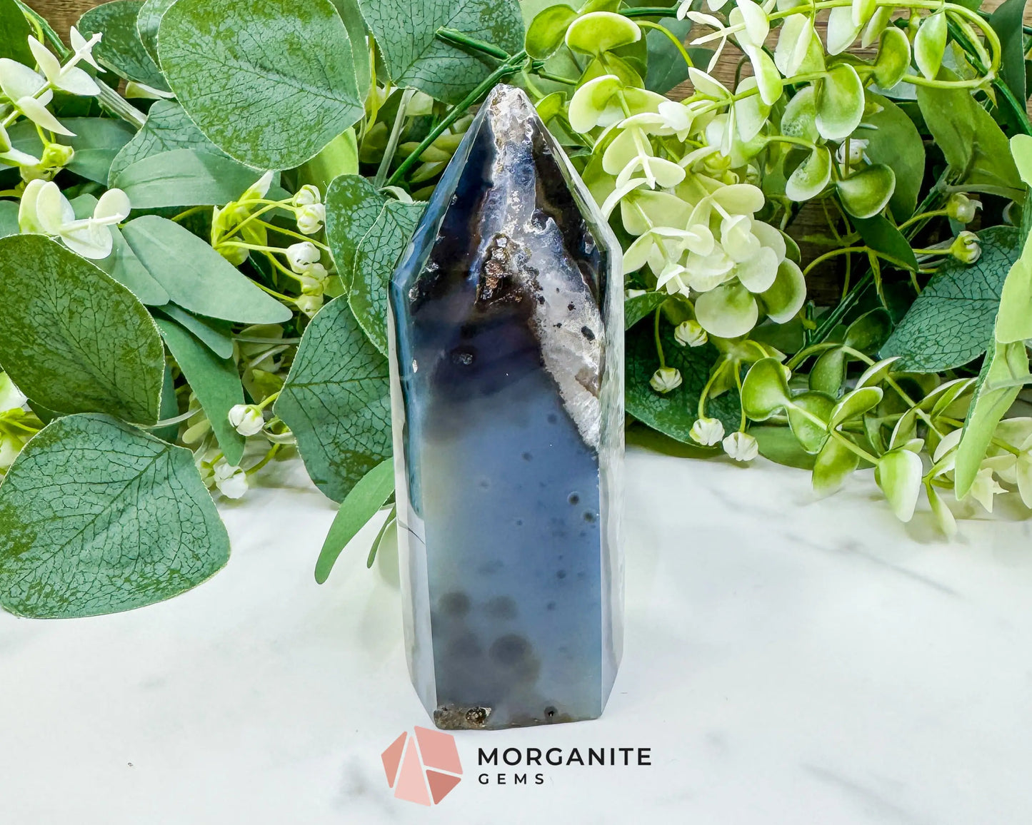 Polished Agate Sugar Druzy Point (9oz) – White Crystalline Geode Tower for Peace & Purity - Metaphysical Crystals