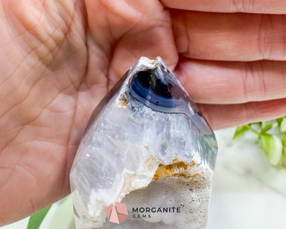 Polished Agate Sugar Druzy Point (9oz) – White Crystalline Geode Tower for Peace & Purity - Metaphysical Crystals