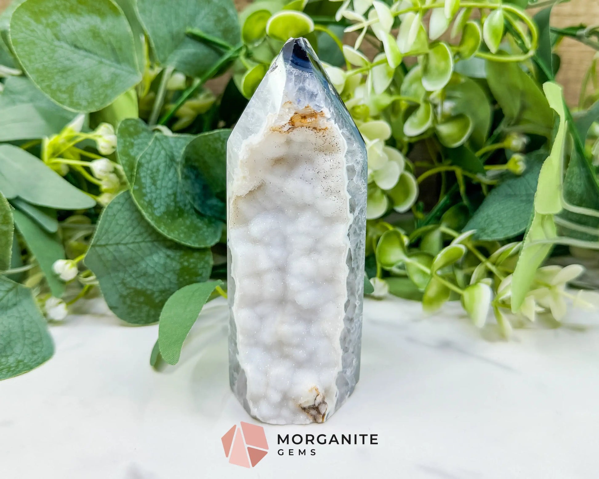 Polished Agate Sugar Druzy Point (9oz) – White Crystalline Geode Tower for Peace & Purity - Metaphysical Crystals
