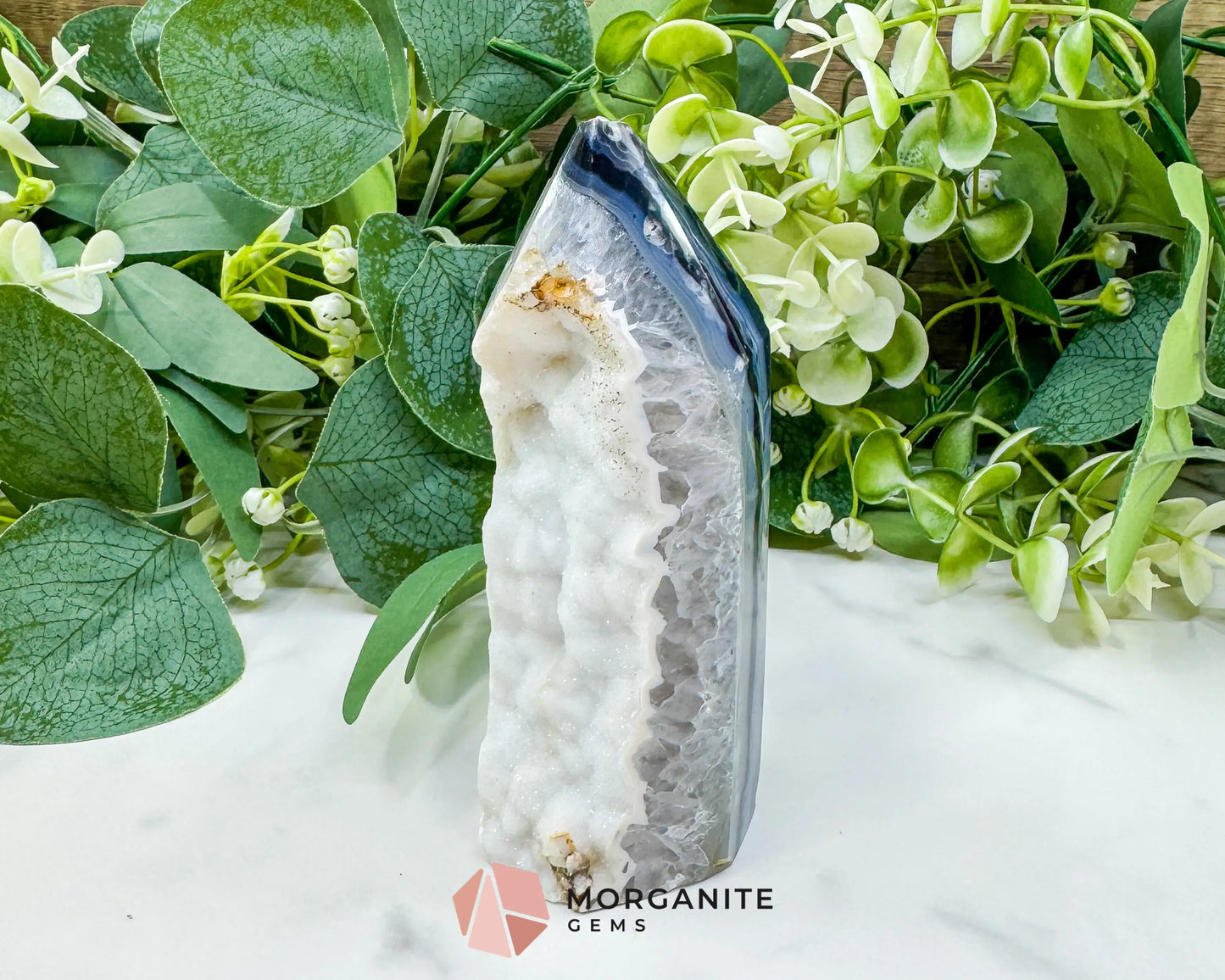 Polished Agate Sugar Druzy Point (9oz) – White Crystalline Geode Tower for Peace & Purity - Metaphysical Crystals