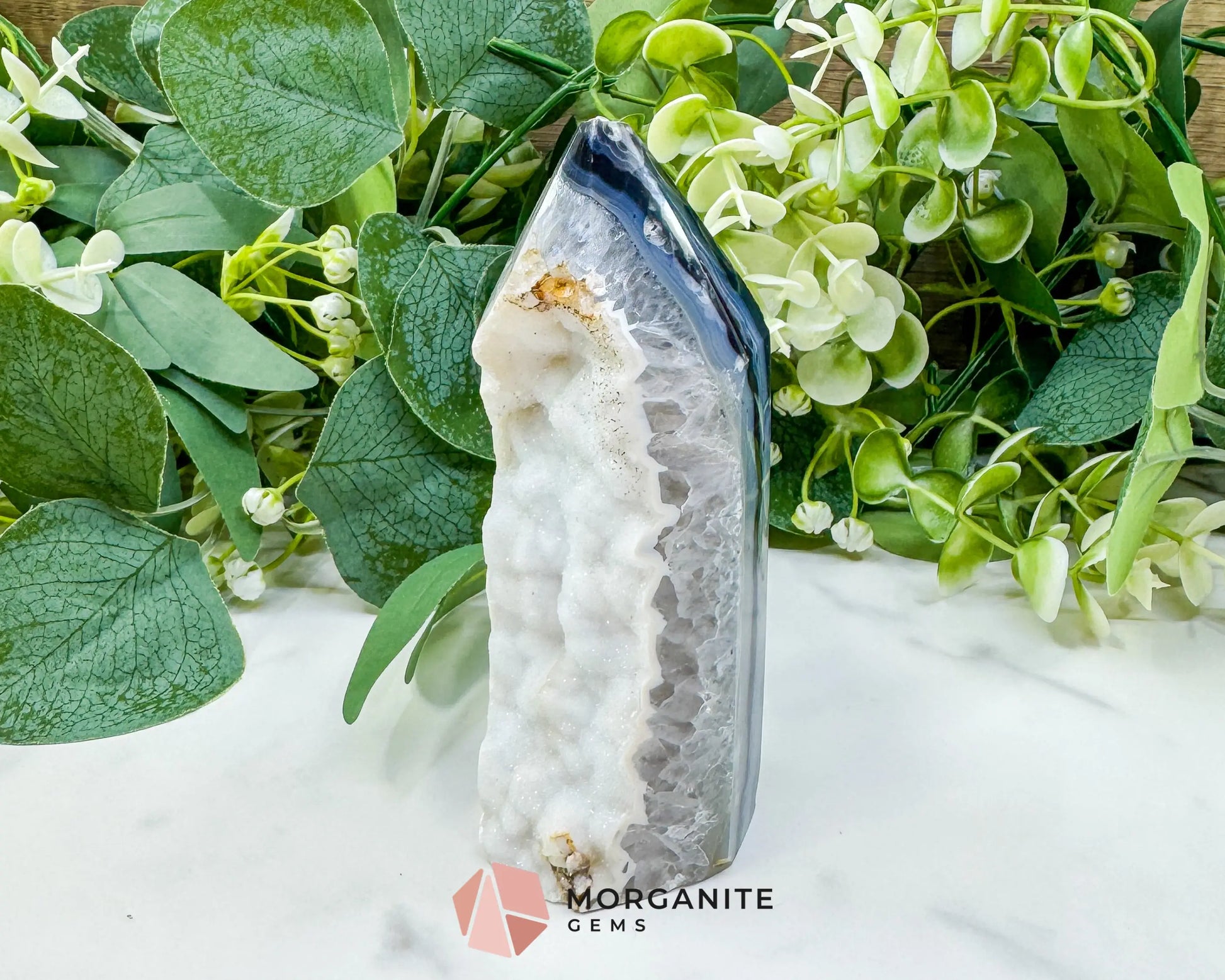 Polished Agate Sugar Druzy Point (9oz) – White Crystalline Geode Tower for Peace & Purity - Metaphysical Crystals