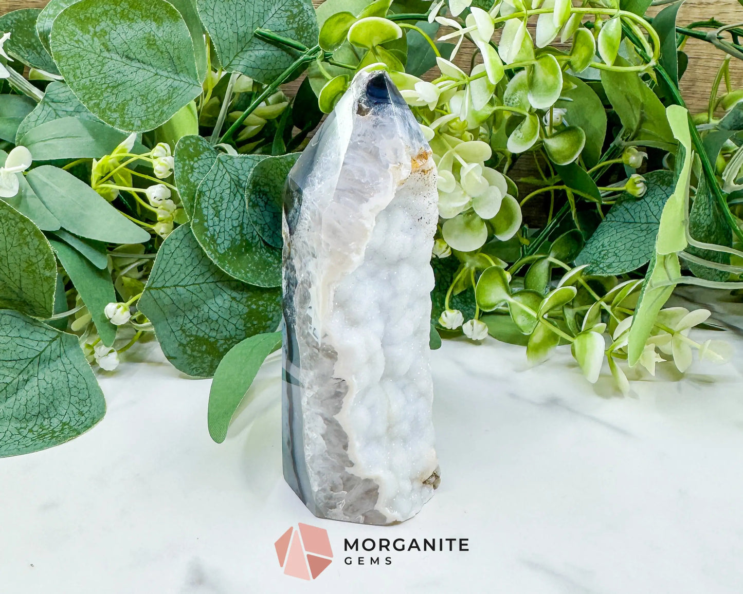 Polished Agate Sugar Druzy Point (9oz) – White Crystalline Geode Tower for Peace & Purity - Metaphysical Crystals