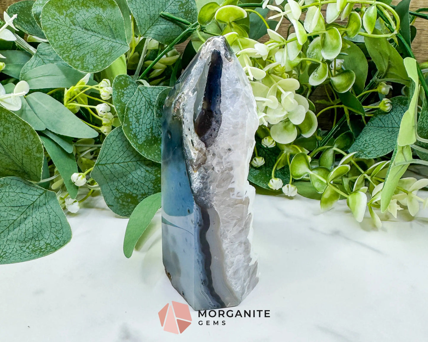 Polished Agate Sugar Druzy Point (9oz) – White Crystalline Geode Tower for Peace & Purity - Metaphysical Crystals