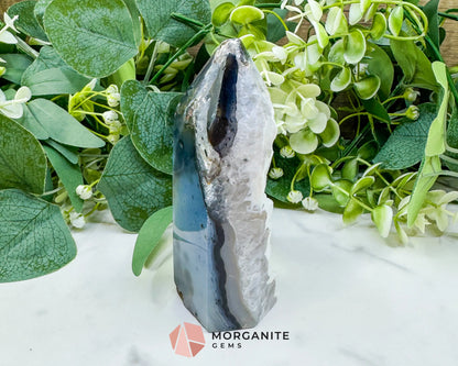 Polished Agate Sugar Druzy Point (9oz) – White Crystalline Geode Tower for Peace & Purity - Metaphysical Crystals