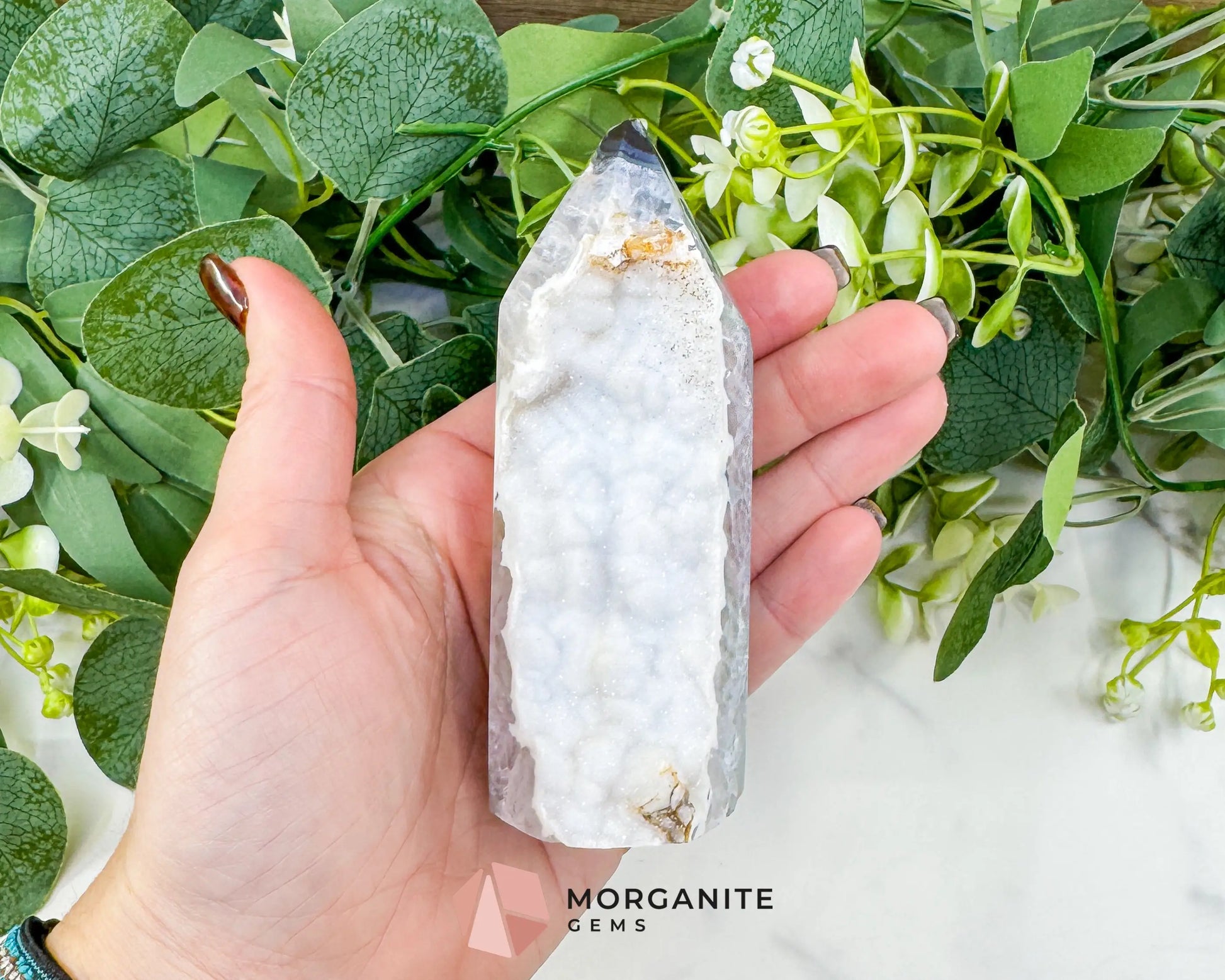 Polished Agate Sugar Druzy Point (9oz) – White Crystalline Geode Tower for Peace & Purity - Metaphysical Crystals