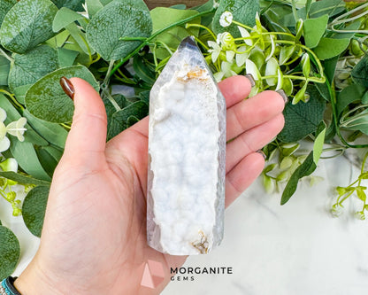 Polished Agate Sugar Druzy Point (9oz) – White Crystalline Geode Tower for Peace & Purity - Metaphysical Crystals