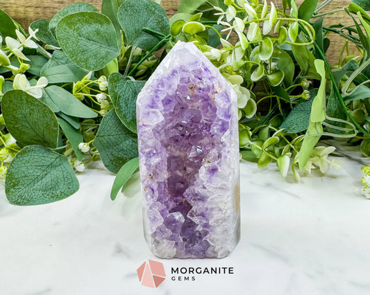 Polished Amethyst & Clear Quartz Agate Geode Point (13.5oz) – Large Druzy Tower for Intuition & Peace - Metaphysical