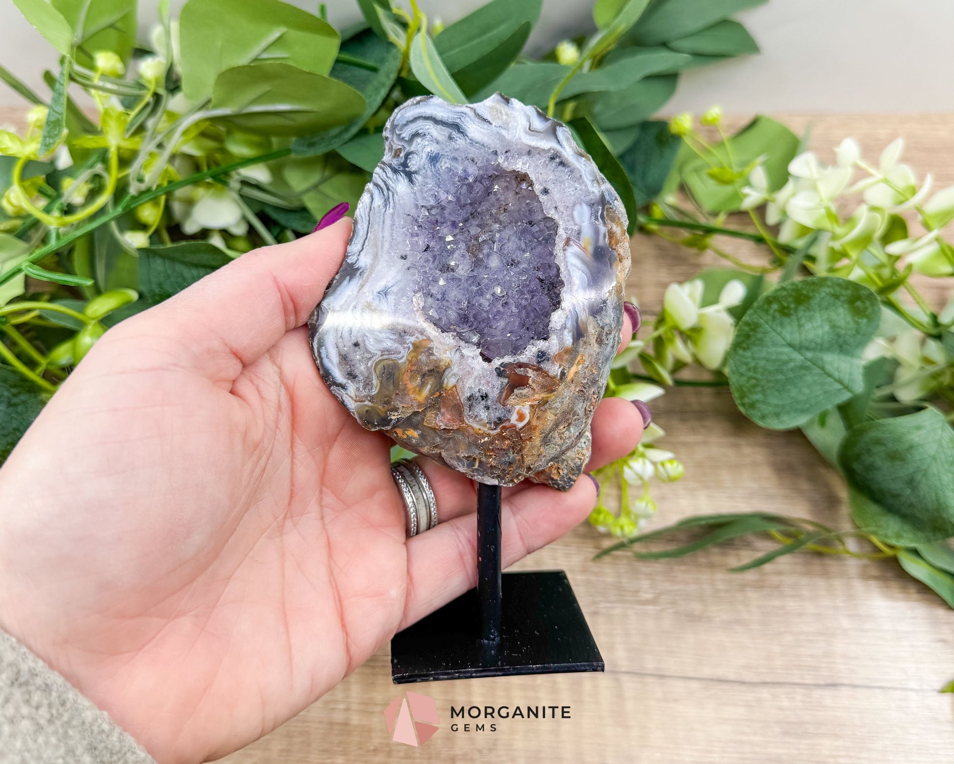 Polished Geode Slice on Metal Stand – Natural Crystal Display for Home & Office - Metaphysical Crystals