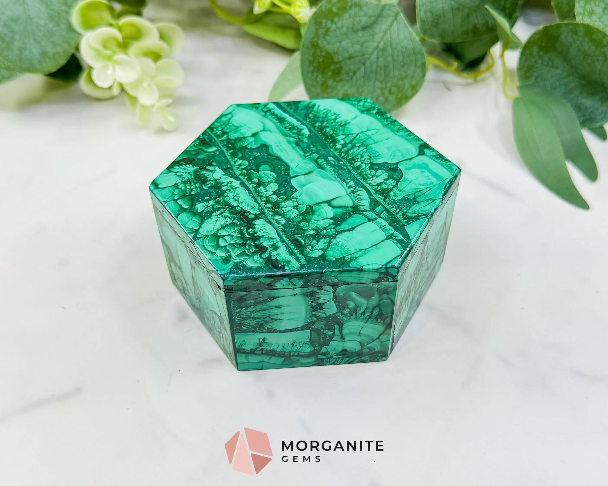Polished Malachite Hexagon Jewelry Box (.85lb) – 3.8’’ Natural Green Stone Trinket Box for Heart Healing &