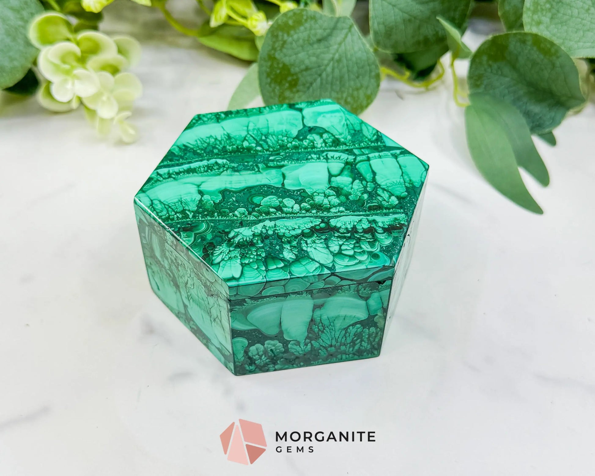 Polished Malachite Hexagon Jewelry Box (.85lb) – 3.8’’ Natural Green Stone Trinket Box for Heart Healing &