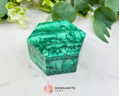 Polished Malachite Hexagon Jewelry Box (.85lb) – 3.8’’ Natural Green Stone Trinket Box for Heart Healing &