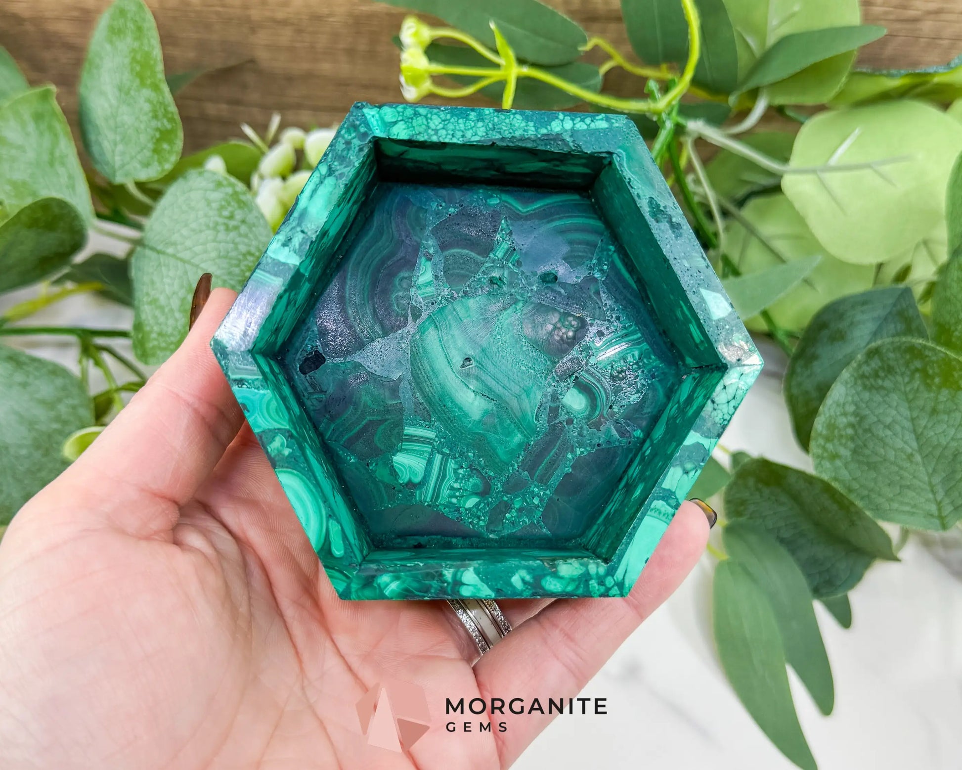 Polished Malachite Hexagon Jewelry Box (.85lb) – 3.8’’ Natural Green Stone Trinket Box for Heart Healing &