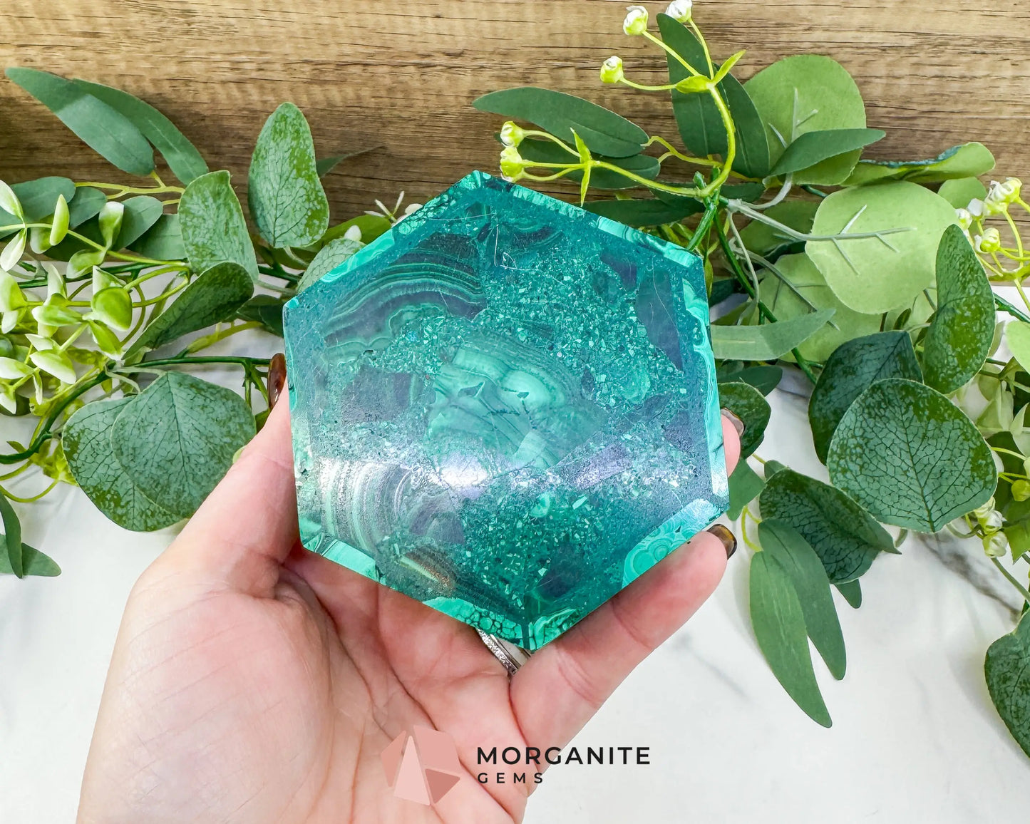 Polished Malachite Hexagon Jewelry Box (.85lb) – 3.8’’ Natural Green Stone Trinket Box for Heart Healing &