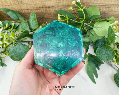 Polished Malachite Hexagon Jewelry Box (.85lb) – 3.8’’ Natural Green Stone Trinket Box for Heart Healing &