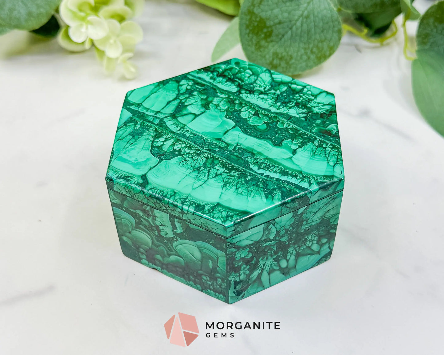 Polished Malachite Hexagon Jewelry Box (.85lb) – 3.8’’ Natural Green Stone Trinket Box for Heart Healing &