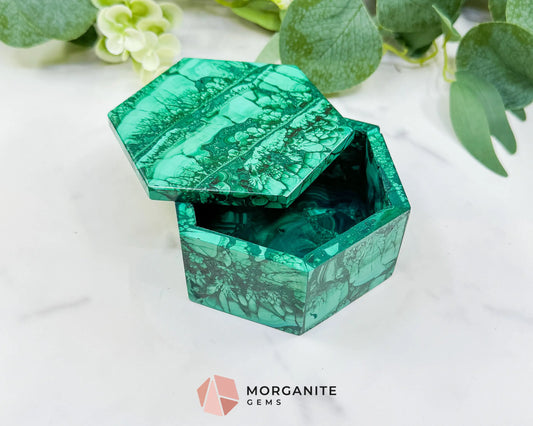 Polished Malachite Hexagon Jewelry Box (.85lb) – 3.8’’ Natural Green Stone Trinket Box for Heart Healing &