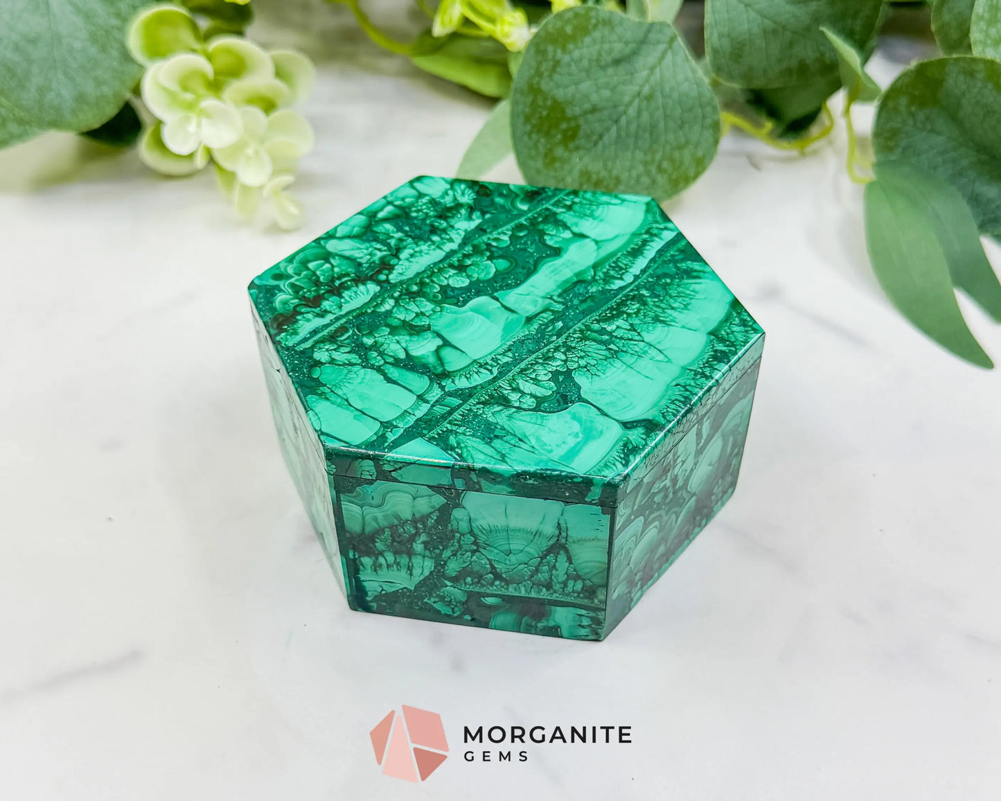 Polished Malachite Hexagon Jewelry Box (.85lb) – 3.8’’ Natural Green Stone Trinket Box for Heart Healing &
