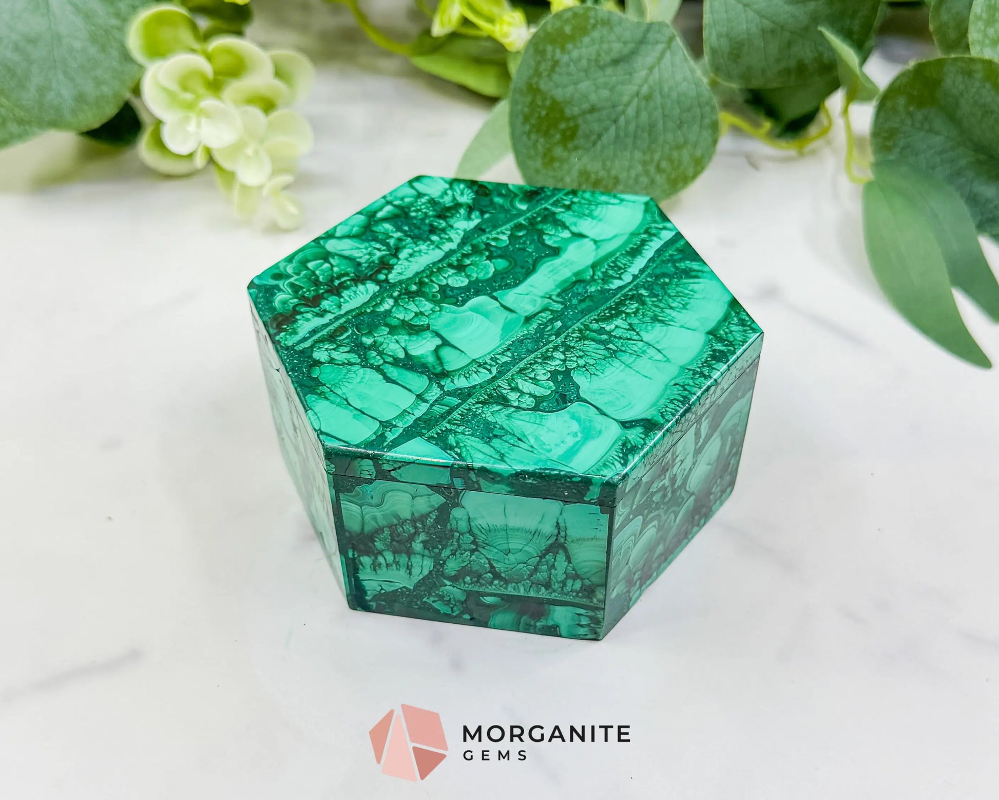 Polished Malachite Hexagon Jewelry Box (.85lb) – 3.8’’ Natural Green Stone Trinket Box for Heart Healing &
