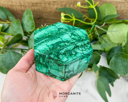 Polished Malachite Hexagon Jewelry Box (.85lb) – 3.8’’ Natural Green Stone Trinket Box for Heart Healing &