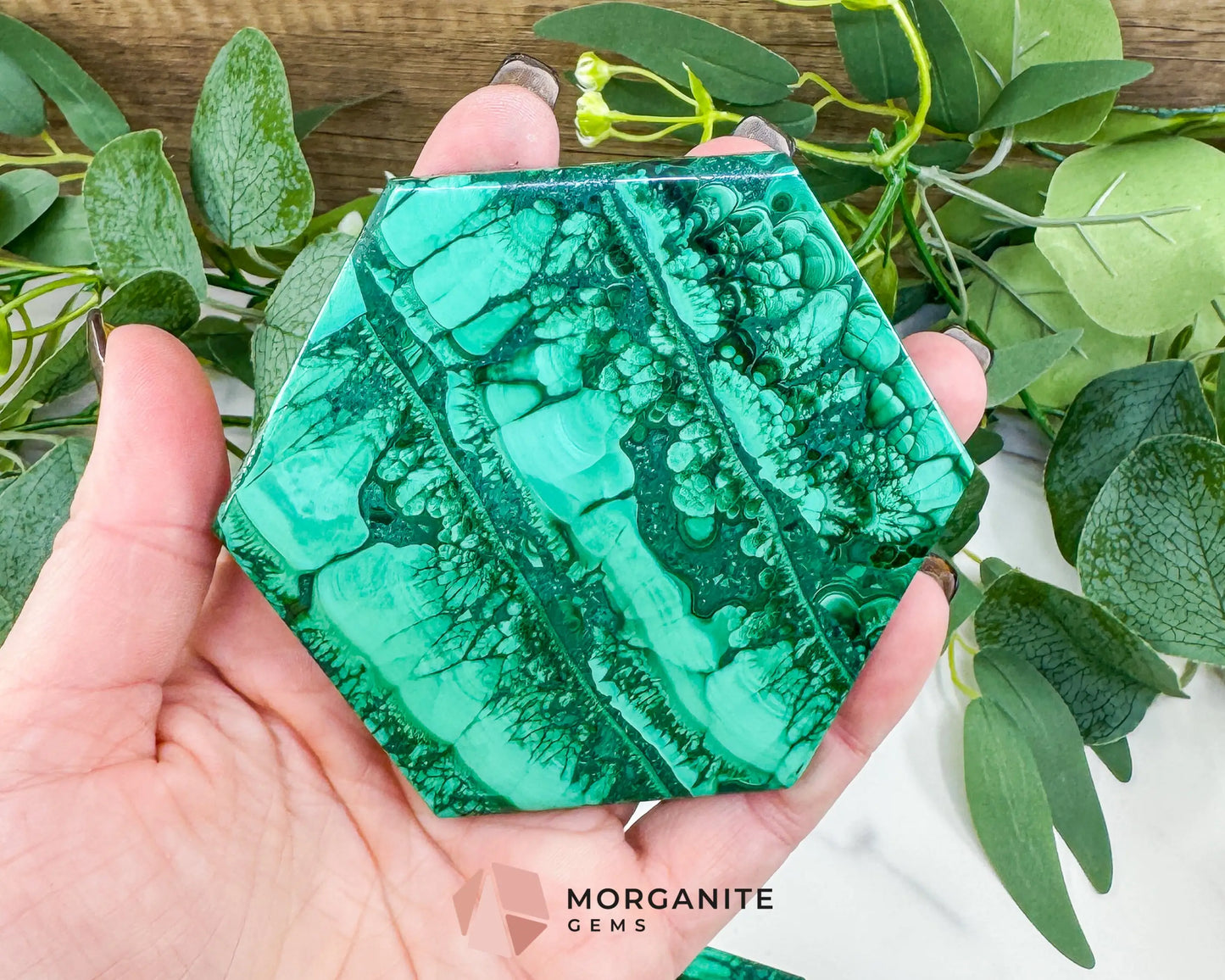 Polished Malachite Hexagon Jewelry Box (.85lb) – 3.8’’ Natural Green Stone Trinket Box for Heart Healing &
