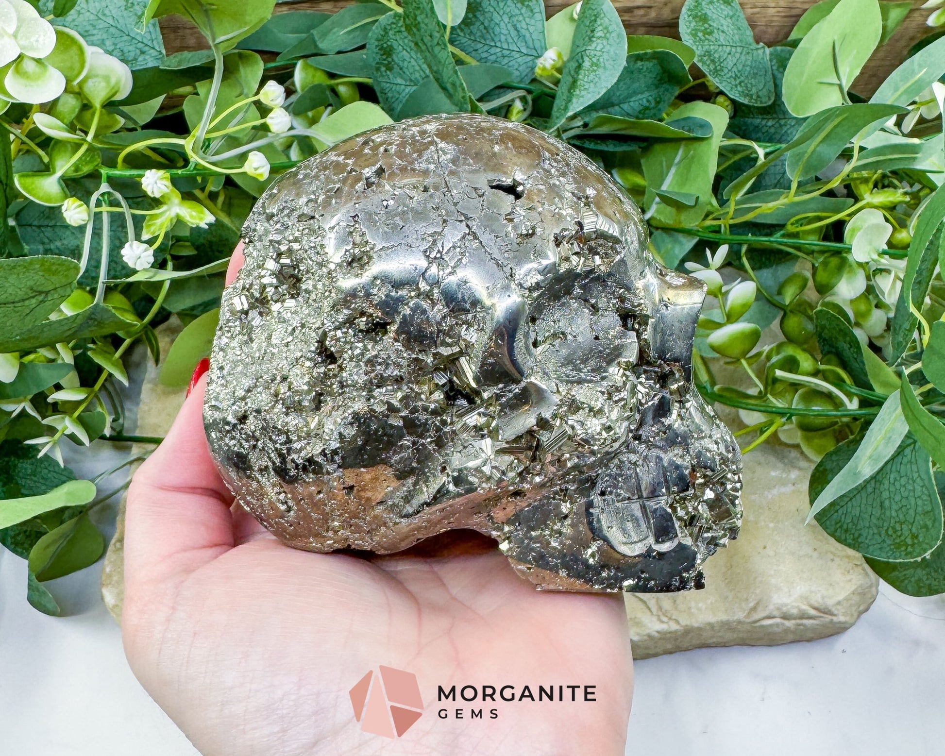 Polished Pyrite Crystal Skull (1.48kg) - Peruvian Fool’s Gold Stone for Abundance & Protection - Metaphysical Crystals