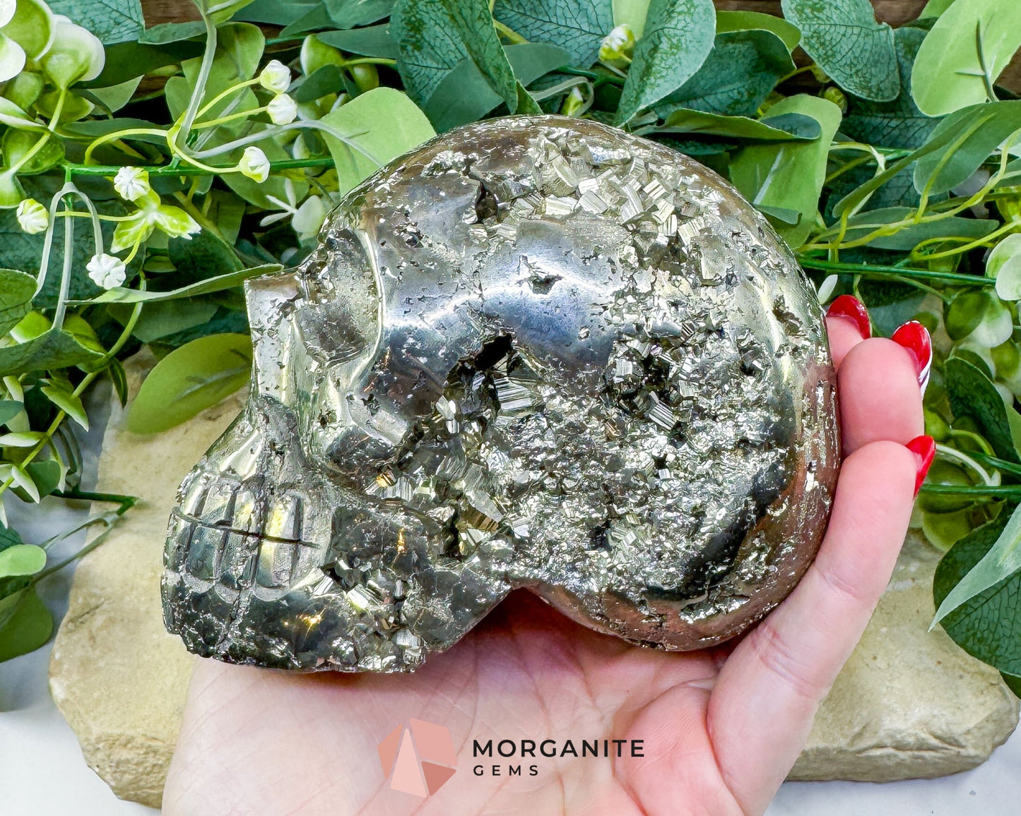 Polished Pyrite Crystal Skull (1.48kg) - Peruvian Fool’s Gold Stone for Abundance & Protection - Metaphysical Crystals