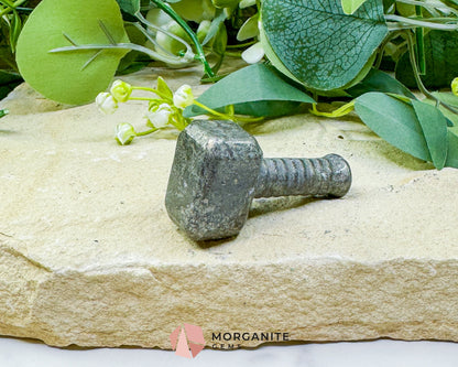 Polished Pyrite Thor’s Hammer Mjolnir Carving - Protection Strength & Abundance Talisman - Metaphysical Crystals