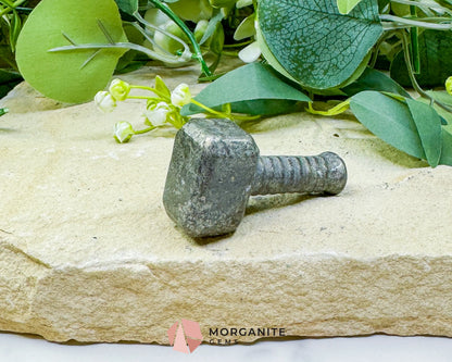 Polished Pyrite Thor’s Hammer Mjolnir Carving - Protection Strength & Abundance Talisman - Metaphysical Crystals