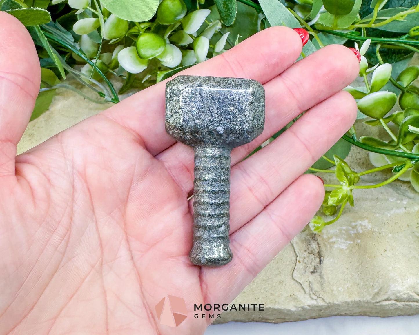 Polished Pyrite Thor’s Hammer Mjolnir Carving - Protection Strength & Abundance Talisman - Metaphysical Crystals