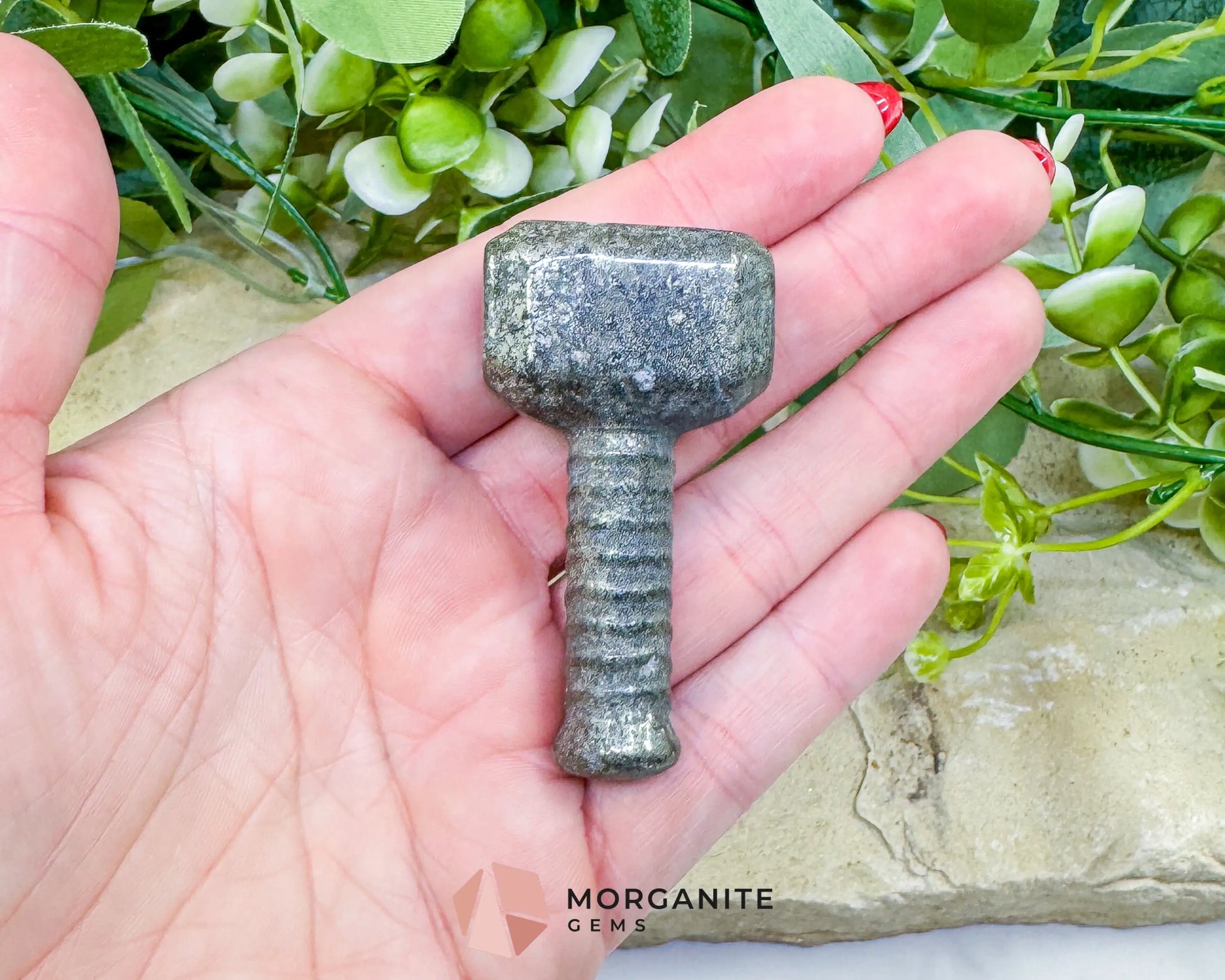 Polished Pyrite Thor’s Hammer Mjolnir Carving - Protection Strength & Abundance Talisman - Metaphysical Crystals